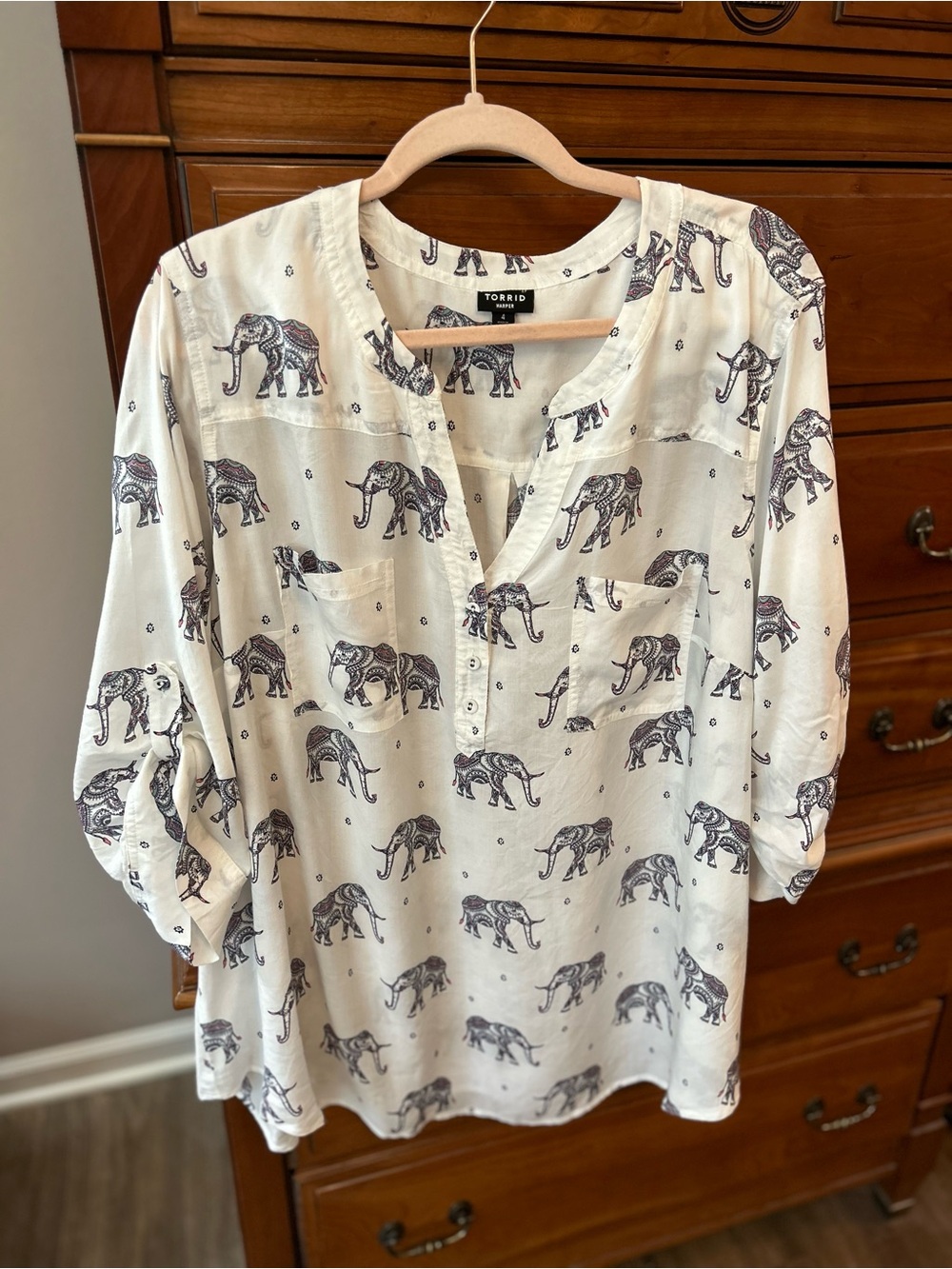 torrid Ivory Henley Blouse with Navy and Pink Elephant Print